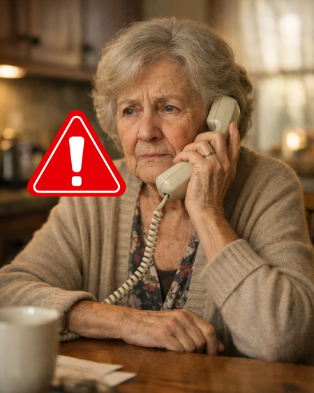 Unlautere Abwerbeversuche beim Hausnotruf Ältere Frau sitzt besorgt am Küchentisch und telefoniert; im Vordergrund ist ein großes rotes Warnsymbol mit Ausrufezeichen eingeblendet.