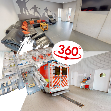 Virtueller Rundgand_Header 360-Grad-Rundgang durch die DRK-Rettungswache: Virtuelle Einblicke in den Aufenthaltsraum mit Sofas und Sesseln sowie in die Fahrzeughalle mit einem Rettungswagen.